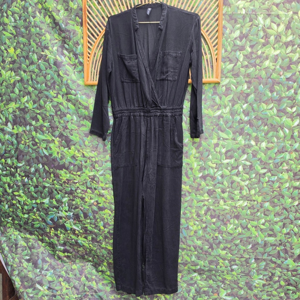 Zara Womens Black Long Sleeve V-Neck Utility Jumpsuit Elastic Waist Medium